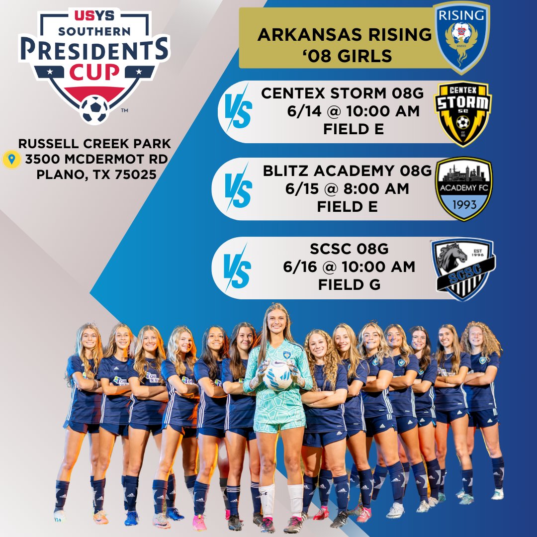 Arkansas Rising 08G ECNL-RL (@ar_rising08g) on Twitter photo Come check us out in Plano, TX as we make our run for the <a href="/USYouthSoccer/">US Youth Soccer</a> Presidents Cup! 🏆 #ClaimTheCup #PCUP24 #USYS #WeAreYouthSoccer #WeAreRising <a href="/usyscups/">US Youth Soccer Cups</a> <a href="/arkansasrising/">Arkansas Rising Soccer</a> <a href="/SoccerArkansas/">Arkansas Soccer Association</a> <a href="/ImYouthSoccer/">ECNL/GA/Recruiting/College Soccer</a> Come check us out in Plano, TX as we make our run for the <a href="/USYouthSoccer/">US Youth Soccer</a> Presidents Cup! 🏆 #ClaimTheCup #PCUP24 #USYS #WeAreYouthSoccer #WeAreRising <a href="/usyscups/">US Youth Soccer Cups</a> <a href="/arkansasrising/">Arkansas Rising Soccer</a> <a href="/SoccerArkansas/">Arkansas Soccer Association</a> <a href="/ImYouthSoccer/">ECNL/GA/Recruiting/College Soccer</a>