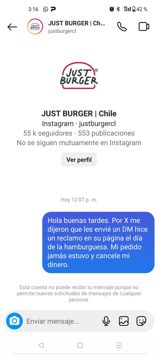 AndrEmensic's tweet photo. @justburger_cl aún espero las respuestas de los reclamos. DMs, X, Mail... Ni a Sernac le responden se pasan lejos la peor atención al cliente del Mercado Chileno. https://t.co/J7AaNqeEok