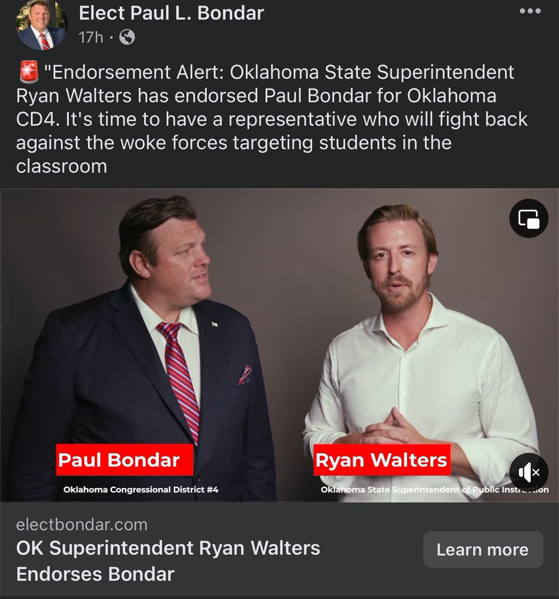 How to kill your political career in Oklahoma with one post: endorse against Tom Cole

State Superintendent of Public Instruction Ryan Walter’s endorsed Paul Bondar