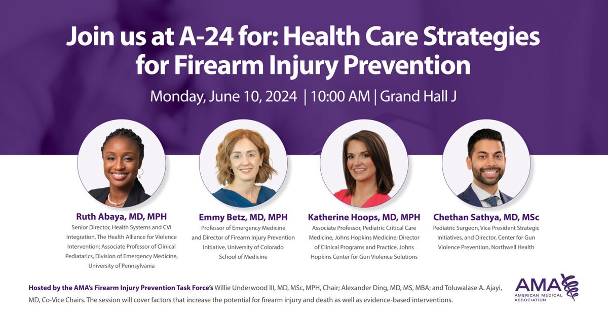 If you're attending the <a href="/AmerMedicalAssn/">AMA</a> Annual Meeting, join members of our Firearm Injury Prevention Task Force for an educational session on Monday. #AMAmtg.