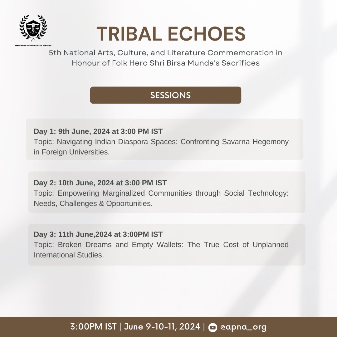 APNA_org's tweet photo. Tribal Echoes is back with its 5th National Arts, Cultural, and Literature Commemoration: Celebrating the Legacy of Folk Hero Shri Birsa Munda.

Dates: June 9-11, 2024 at 3pm

Streamed on YouTube Channel &amp; Facebook Page

Team APNA invites you to be a part of this cultural voyage. https://t.co/F3EwHsyhvm