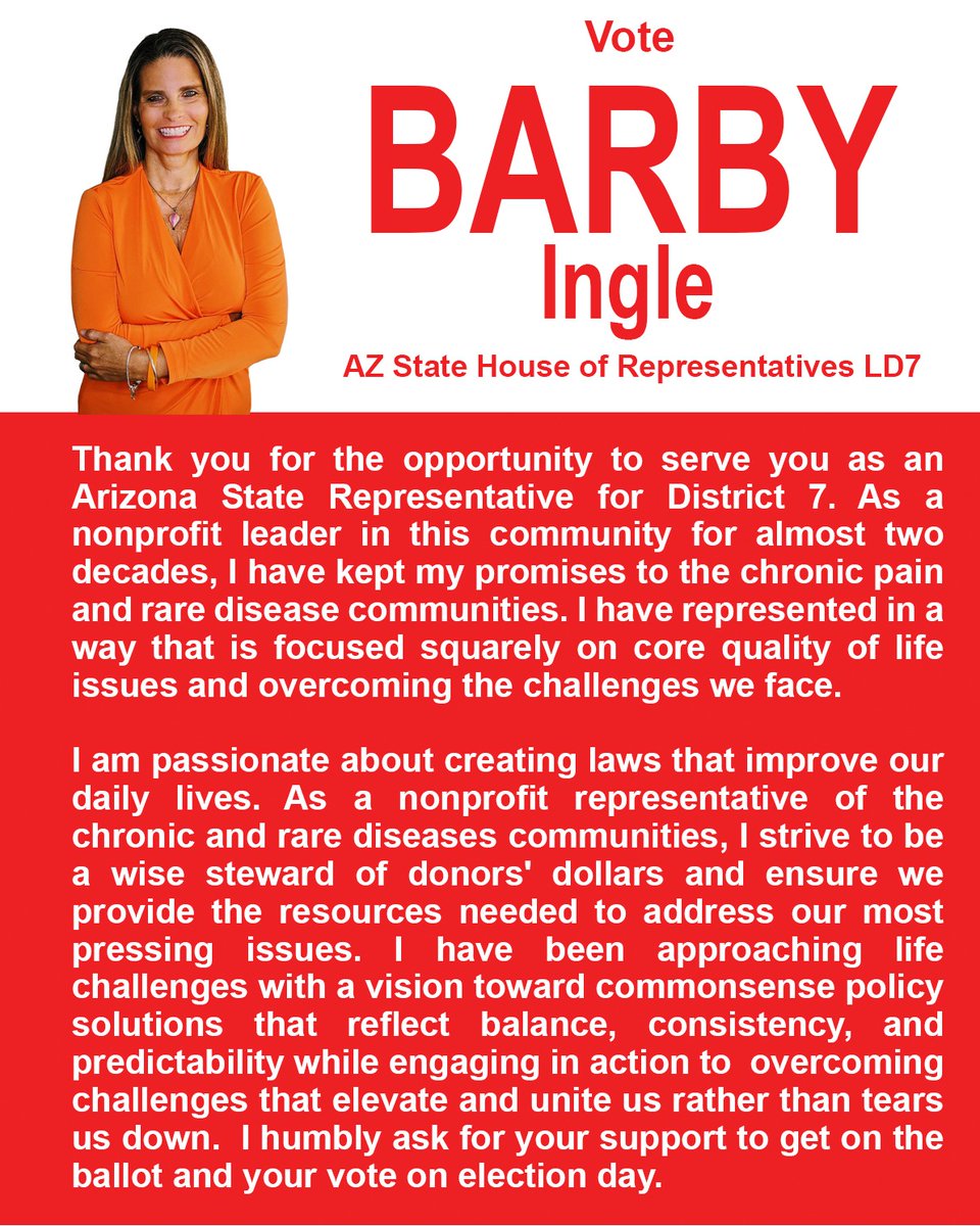 BarbyIngle's tweet image. As someone who cares deeply about our community, I am proud to support #BarbyIngleForArizona. Her record of advocacy and leadership is exactly what we need in our State Representative for LD7. Check out barbyingle.com to learn more. #Pinal #Coconino #Gila #ApacheJunction