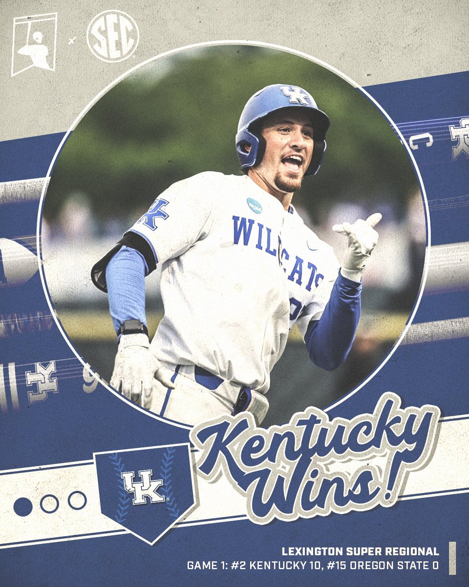SEC's tweet photo. CATS DOMINATE GAME ONE 😤

No. 2 @UKBaseball one-hits No. 15 Oregon State and takes Game 1 of the Lexington Super Regional, 10-0!

#SECBSB x @NCAABaseball