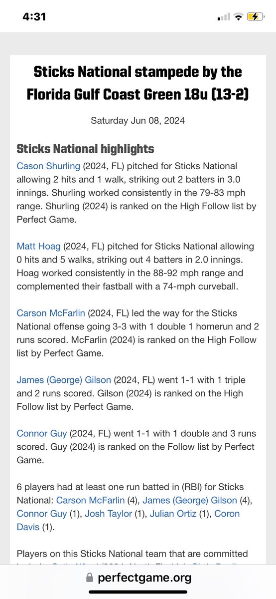 Good start to tourney for <a href="/AR_Sticks/">Sticks Baseball</a> National in Florida big fly for <a href="/Carson_McFarlin/">Carson McFarlin</a> and <a href="/connorguy25/">Connor Guy</a> and dominate outings for <a href="/Cason_Shurling/">Cason Shurling</a> <a href="/CarsonZepp/">Carson Zepp</a>
