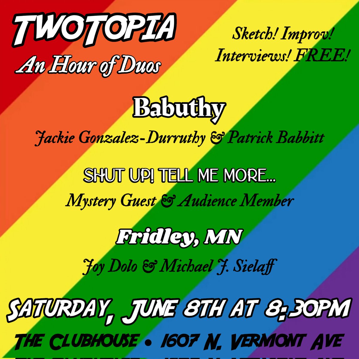 TONIGHT! FREE sketch, improv, &amp; interview SHOW! I have the pleasure of reuniting with high school classmate Joy Dolo who's in L.A. this month! I usually buy cards and post emo poetry here, but give me chance to make you laugh! You can always troll me after.