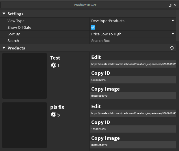 S1RKnighty's tweet photo. I've created a FREE #Roblox #RobloxDev Plugin.

Product Viewer gives you access to your gamepasses (Uses roproxy API to grab them) &amp; Developer products when Roblox doesn't work! ( I still have not had this issue fixed ) 

https://t.co/83t5zFCPzg https://t.co/zA4bfvTo3B