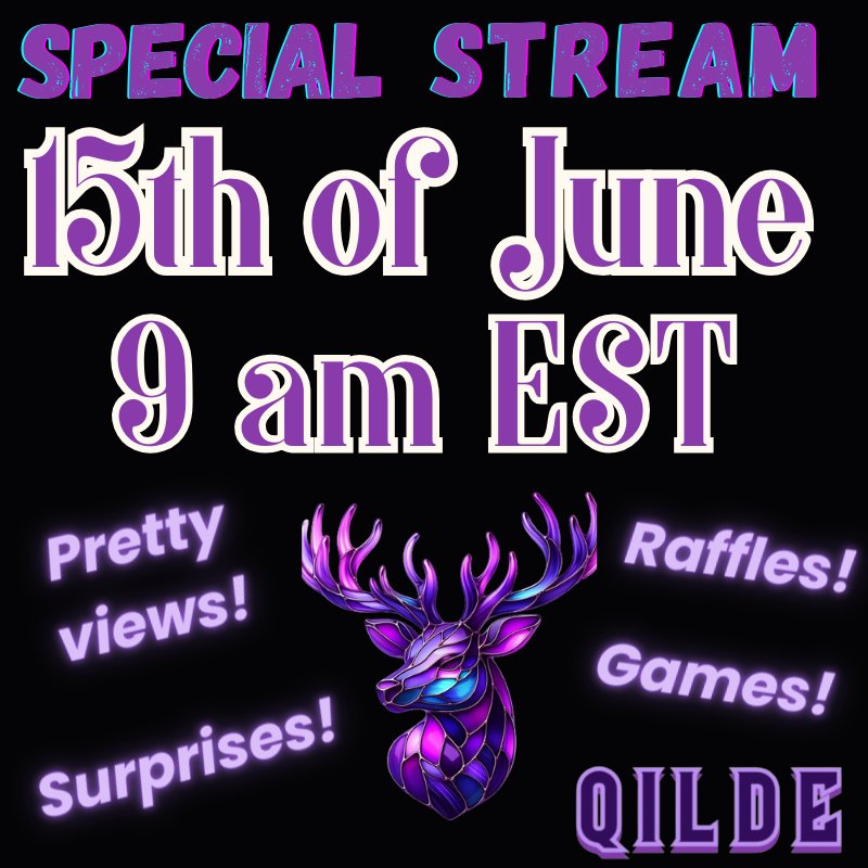 Exciting news!
15th of June, next week´s Saturday 9AM EST (afternoon for Europe)
Q is having special stream, to celebrate getting affiliate back. 
**RAFFLES**, **SUPRISES** etc.
#Finnishgirl #streamer #Twitch #specialevent #excited #raffles #bethere #Saturday