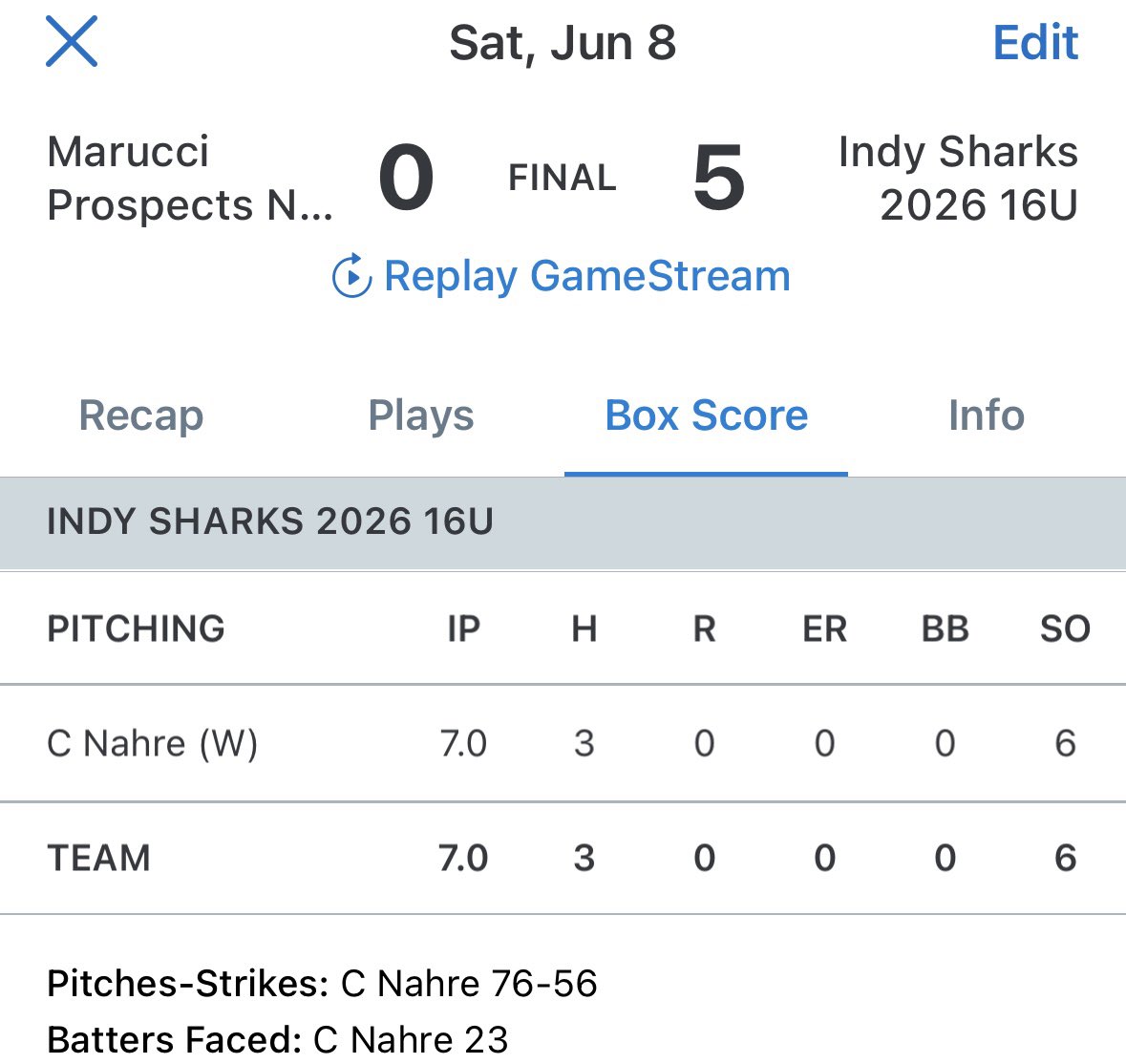 Mattnahre's tweet photo. Carter Nahre @carternahre 
7IP  CG  3H  0ER  6Ks for @Indysharks_2026 @JasonTaulman @weRtheWildcats https://t.co/jFQ9vglZwz