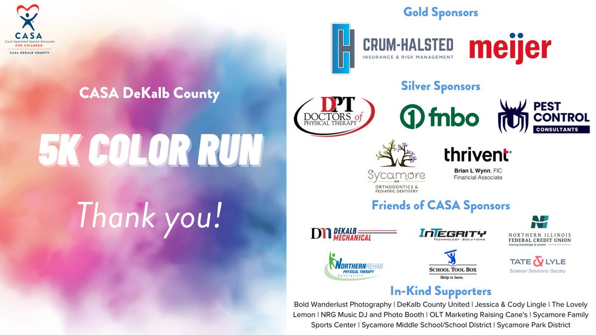 CASADeKalb's tweet photo. Thank you to everyone who participated in CASA's 3nd Annual 5K Color Run this morning, to all of our volunteers and to our sponsors and donors for making the event possible! Stay tuned for event photos! #CASAColorRun https://t.co/x5FcE7UlxC