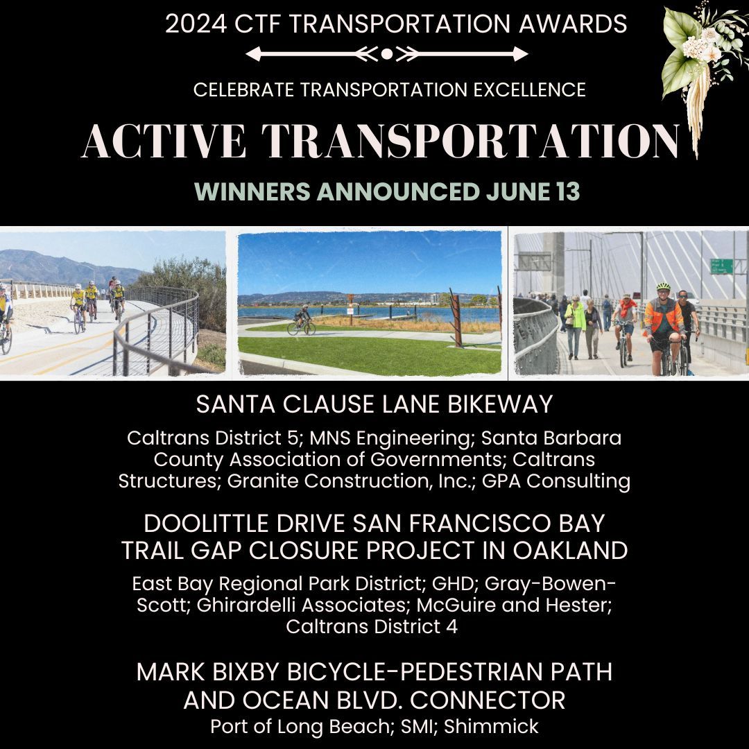 Announcing the 2024 CTF Transportation Awards finalists in Active Transportation! 📣 Winners announced June 13!
#SantaBarbaraAssociationofGovernments #GrayBowenScott #GraniteConstruction #Caltrans #CTF #TransportationAwards #TransportationExcellence