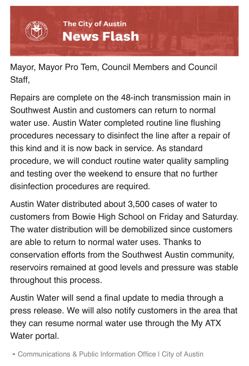 PaigeForAustin's tweet image. 💧@AustinWater repairs are complete!

We appreciate your patience &amp;amp; mindful conservation of water. 

And thank you to our pipefitting crew who have been out there for 2 days in this heat. 🙏🏻