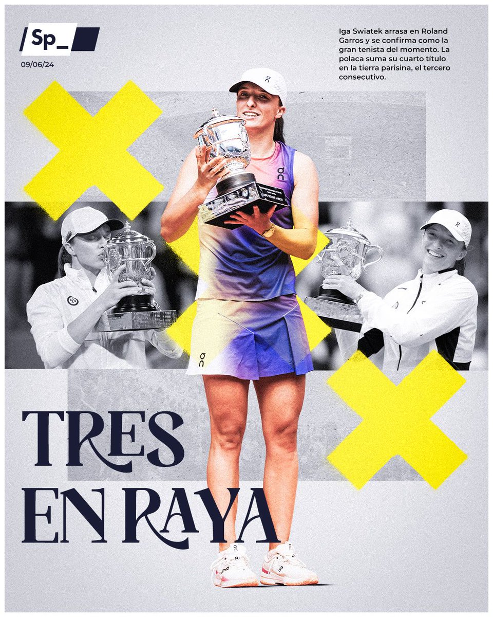 SpheraSports's tweet photo. @iga_swiatek arrasa en @rolandgarros y se confirma como la gran tenista del momento. La polaca suma su cuarto título en la tierra parisina, el tercero consecutivo.
'𝙏𝙧𝙚𝙨 𝙚𝙣 𝙧𝙖𝙮𝙖'
#PortadaSp 🗞️ https://t.co/YgRjfLWnCn