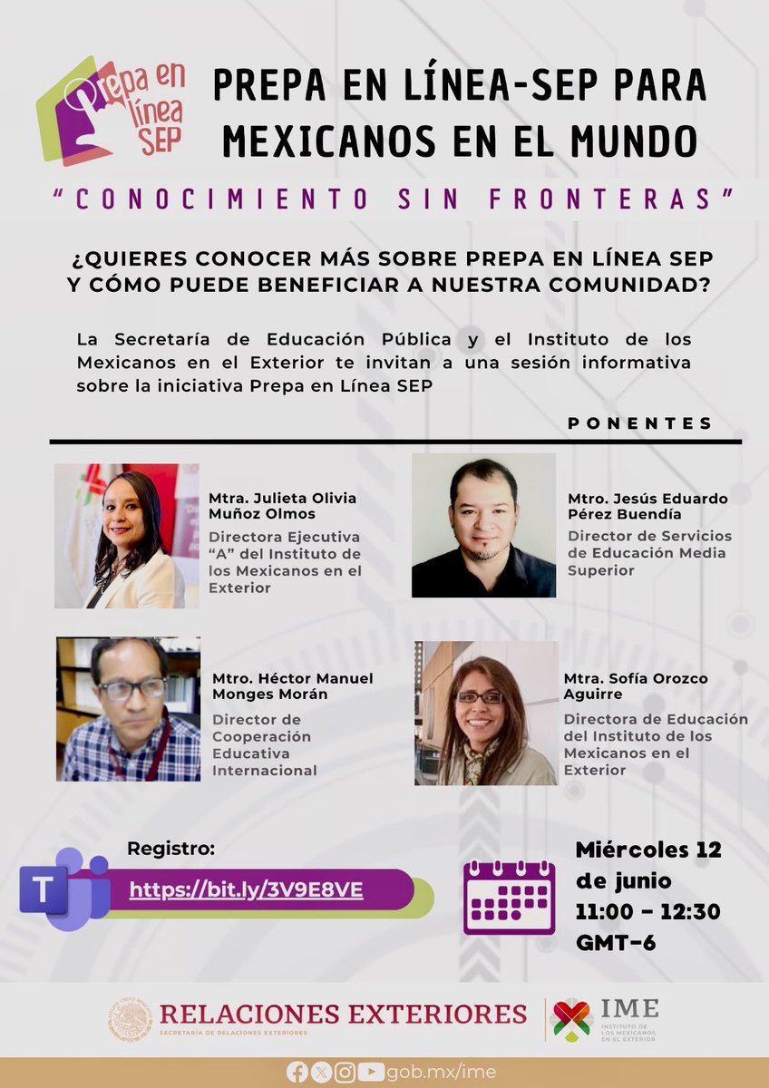 sofia_orozco's tweet photo. 📚✨ ¿Quieres saber más sobre #PrepaEnLíneaSEP y sus próximas convocatorias? Únete a la sesión informativa  que organizan @PrepaLineaSEP y el @IME_SRE. ¡No te lo pierdas! 🗓️ este 12 de junio 
#EducaciónIME #DiásporaMexicana https://t.co/jhpcSeUnPt