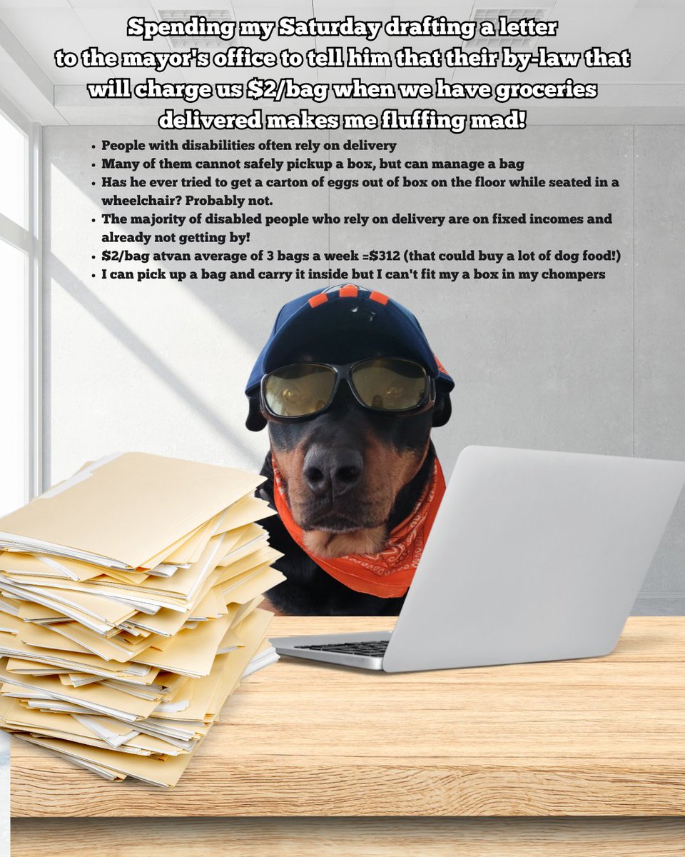 Spending my Saturday drafting a letter to the mayor's office to tell him that their by-law that will charge us $2/bag when we have groceries delivered makes me fluffing mad!
Like many disabled households, we rely on grocery delivery. And we rely on those items being delivered in