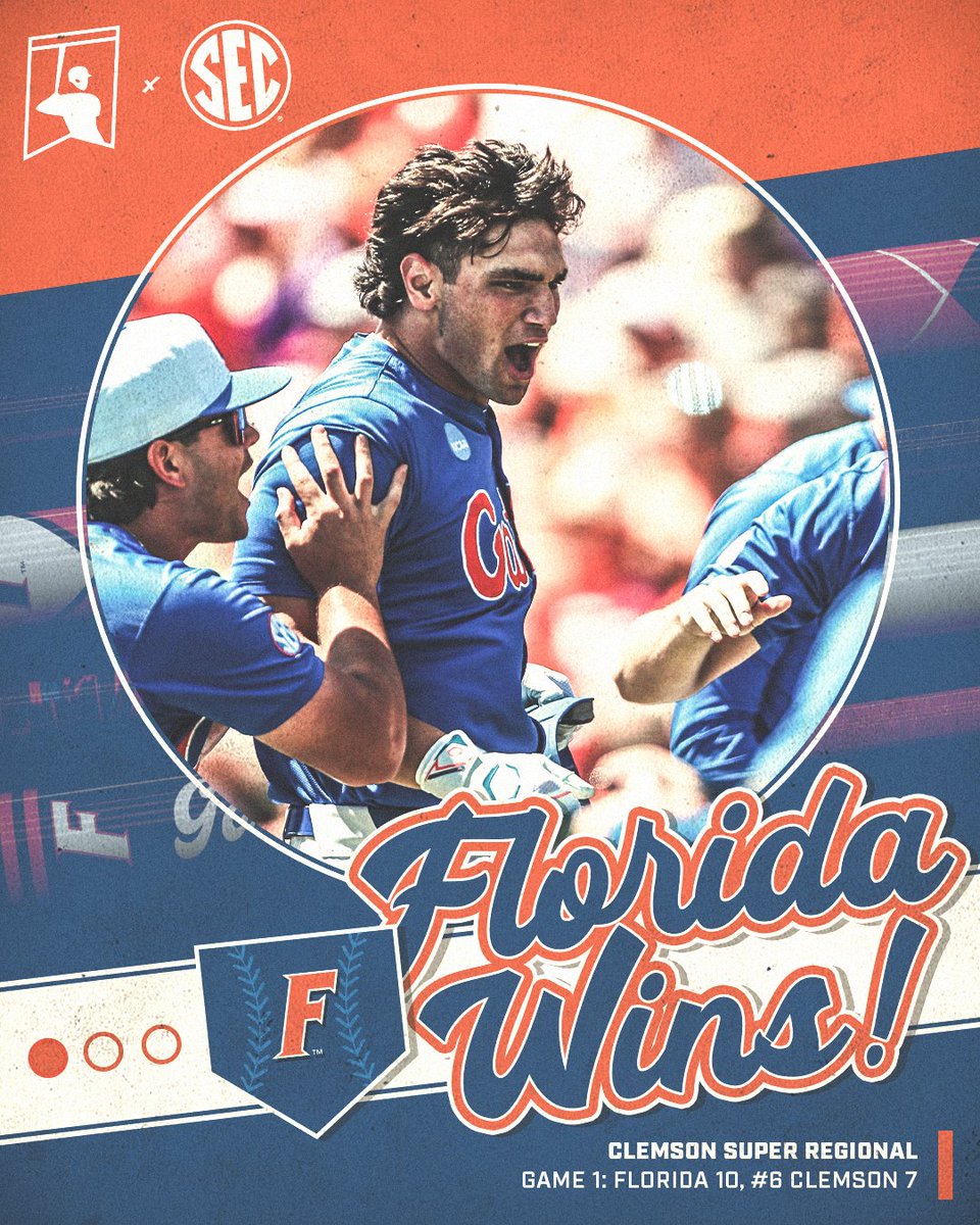 Southeastern Conference (@sec) on Twitter photo GATORS GOT GAME 1 โ๏ธ
<a href="/GatorsBB/">Florida Gators Baseball</a> knocks off No. 6 Clemson, 10-7, in Game 1 of the Clemson Super Regional to pull within one win of Omaha!
#SECBSB x <a href="/NCAABaseball/">NCAA Baseball</a> GATORS GOT GAME 1 โ๏ธ
<a href="/GatorsBB/">Florida Gators Baseball</a> knocks off No. 6 Clemson, 10-7, in Game 1 of the Clemson Super Regional to pull within one win of Omaha!
#SECBSB x <a href="/NCAABaseball/">NCAA Baseball</a>