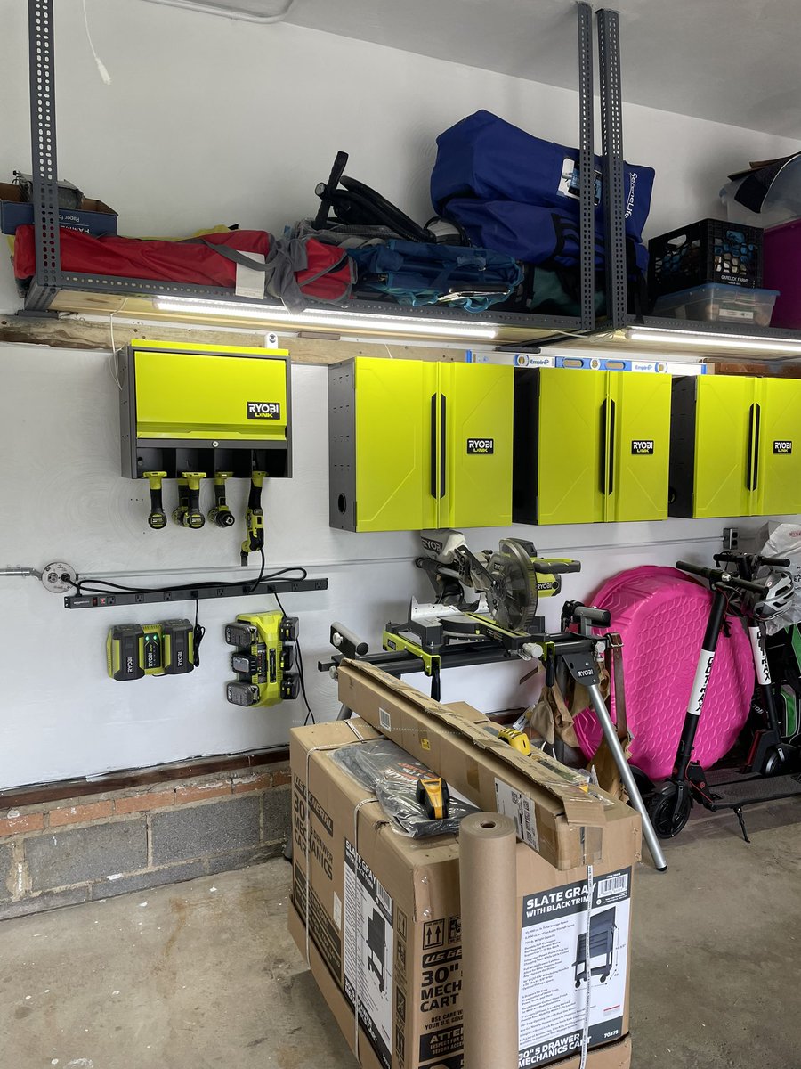 Shakurityzone's tweet photo. All of the @RYOBItoolsusa wall mount cabinets are installed. Next up is more lighting and Ryobi link wall storage system. Welcome to Ryobi Nation! #ryobination https://t.co/xC14yvT92U