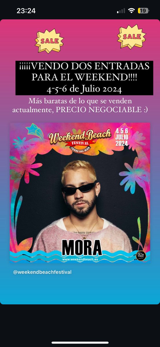 VENDO DOS ENTRADAS PARA EL WEEKEND BEACH FESTIVAL ( Torre del Mar) , 4-5-6 de Julio de 2024

#weekendbeachfestival #weekend #mora #melendi  #entradaweekend #venta #verano #festival #Málaga