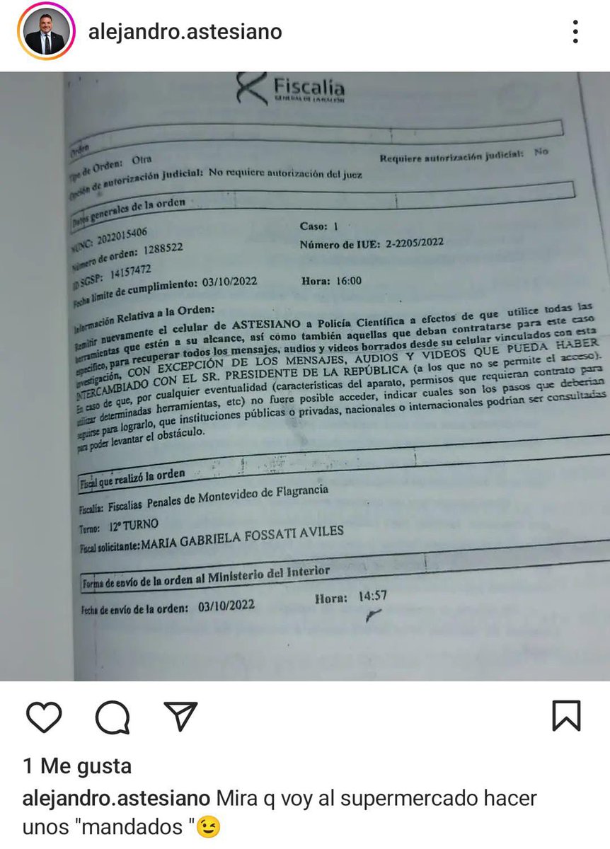 EPreve's tweet photo. 🔴 ATENCIÓN

🛍️El ex jefe de la custodia presidencial, Alejandro Astesiano, acusó a ex fiscal Fossati de hacer “mandados” para el presidente Luis Lacalle.

💣Astesiano posteó en Instagram la captura de la orden de la ex fiscal de dejar afuera los chats con Lacalle. https://t.co/cVfCNztMS8