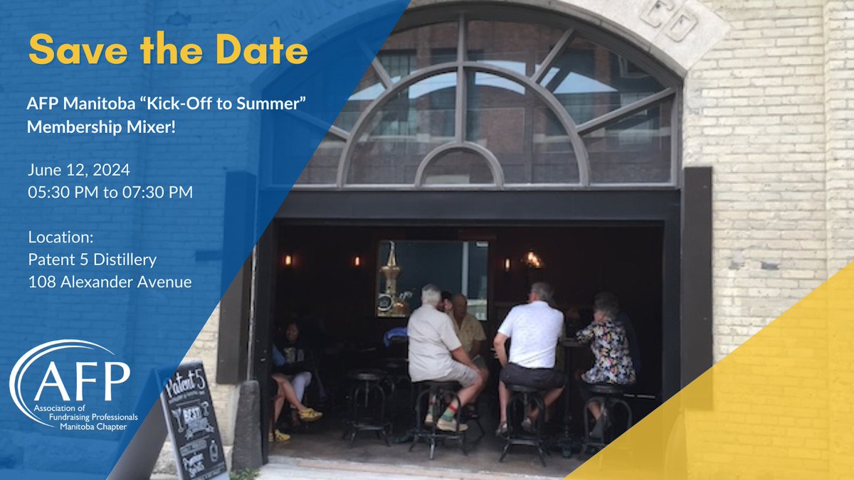 Before vacations begin in earnest, let’s get together one more time to mix and mingle with friends and colleagues.
AFP Manitoba Members will receive one drink ticket and there will be shareable snacks for all.
Don't delay! RSVP today. Venue capacity is limited.