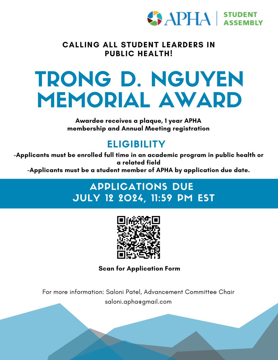📢 Calling all student leaders in public health! The Trong D. Nguyen Memorial Award applications are now open. Win a plaque, 1 year APHA membership &amp; free registration for the Annual Meeting. 🌟

Apply now!

🗓️ Deadline: July 12, 2024, 11:59 PM EST