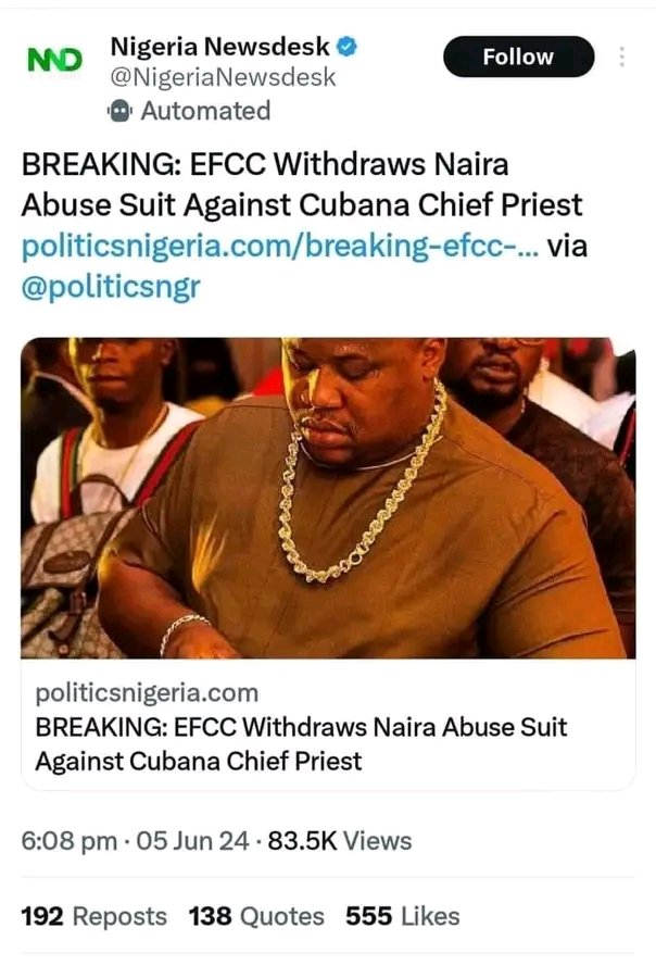 EMEKABRUNO1's tweet photo. Done &amp; dusted. @officialEFCC through #BbcIgbo exchanged @Chiefpriiest case "Naira Abuse" to blackmail IPOB "a peaceful movement on the face of this planet earth", to withdraw his case. https://t.co/kClqOuHPEv