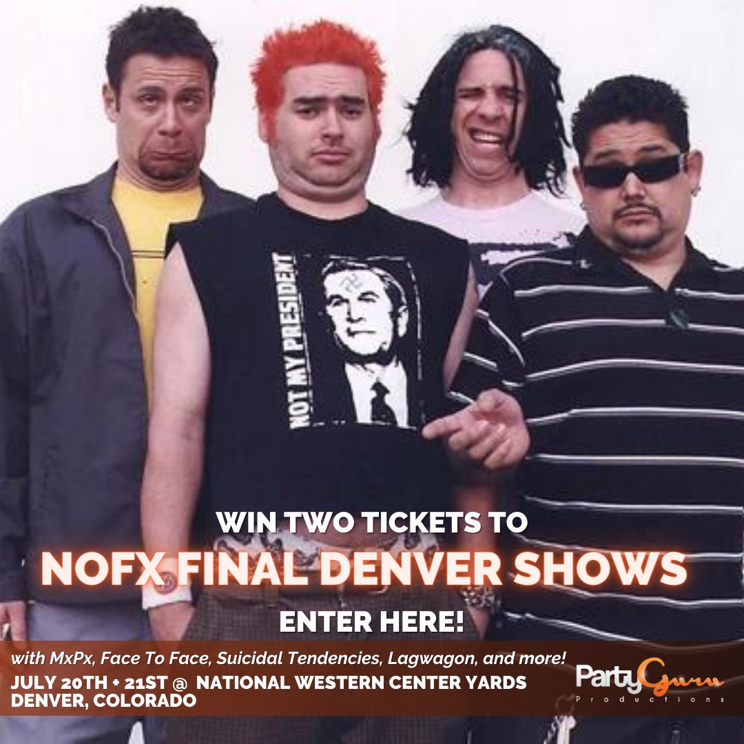 PartyGuruUS's tweet photo. 🤘 GIVEAWAY ALERT 🤘
This is your chance to hit the final NOFX shows at the National Western Center Yards on 7/20 and 7/21 for FREE!
Enter to win tickets here:
https://t.co/bTW5p7uQDO https://t.co/D8yOVCEdYY