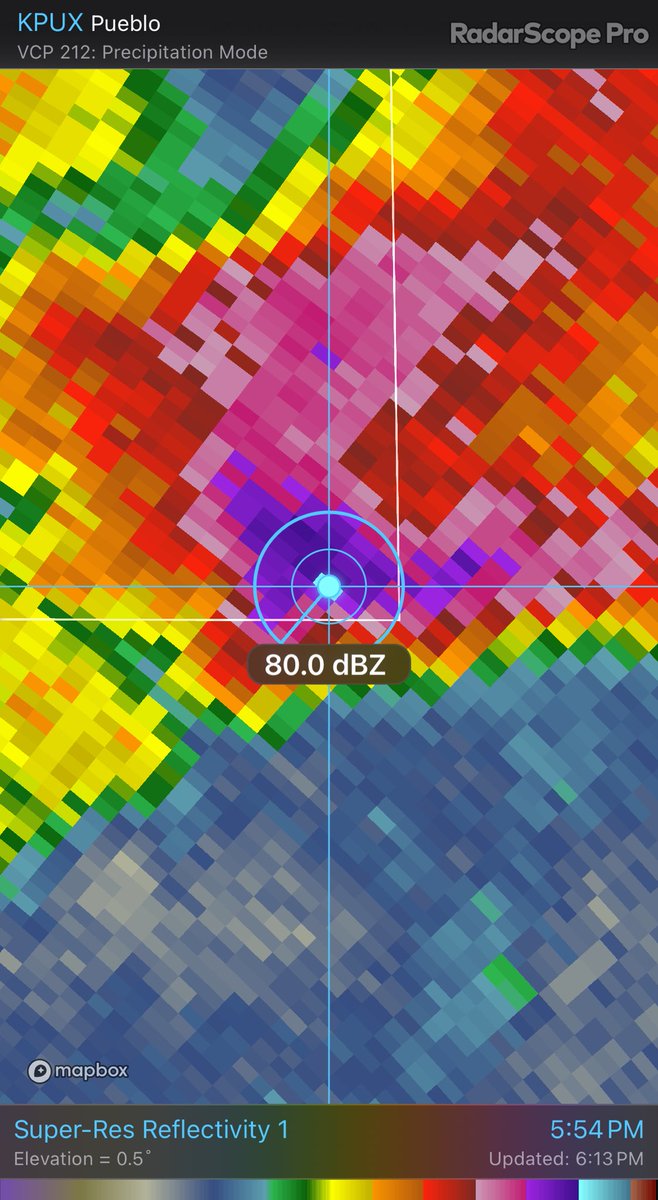 Way to go thunderstorm! You did it! One pixel of 80 DBZ… #cowx #weather #hail