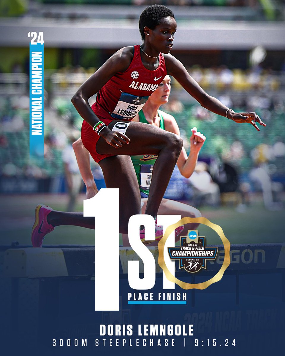 AlabamaTrack's tweet image. 🚨𝙉𝙖𝙩𝙞𝙤𝙣𝙖𝙡 𝘾𝙝𝙖𝙢𝙥𝙞𝙤𝙣🚨

Doris Lemngole wins the 3000m steeplechase with a lifetime best 9:15.24 🔥

That's the...
NCAA Collegiate record ✅
Meet record✅
School record✅

#RollTide x @NCAATrackField