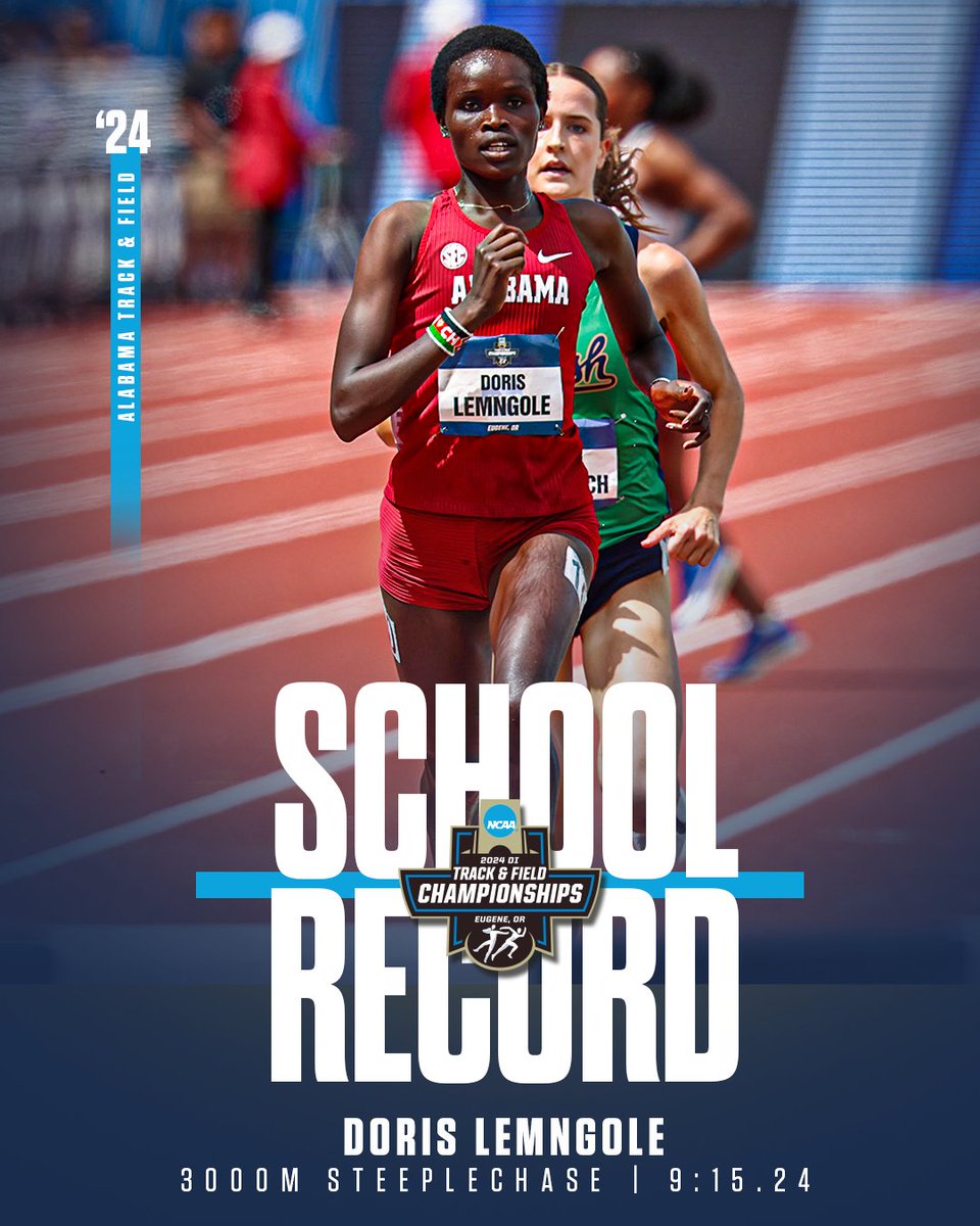AlabamaTrack's tweet image. 🚨𝙉𝙖𝙩𝙞𝙤𝙣𝙖𝙡 𝘾𝙝𝙖𝙢𝙥𝙞𝙤𝙣🚨

Doris Lemngole wins the 3000m steeplechase with a lifetime best 9:15.24 🔥

That's the...
NCAA Collegiate record ✅
Meet record✅
School record✅

#RollTide x @NCAATrackField