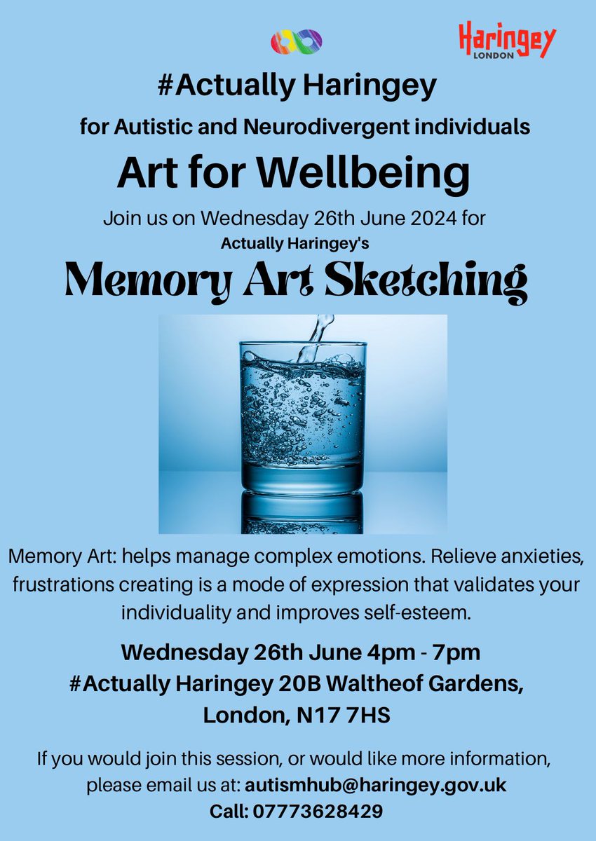 Are you Autistic or Neurodivergent and live in Haringey?
Art for Wellbeing 
Memory Art Sketching
Please register your interest. Email: autismhub@haringey.gov.uk 
#haringeycouncil #actuallyharingey #loveart #AutismAcceptance #creativeart 
#artforwellbeing