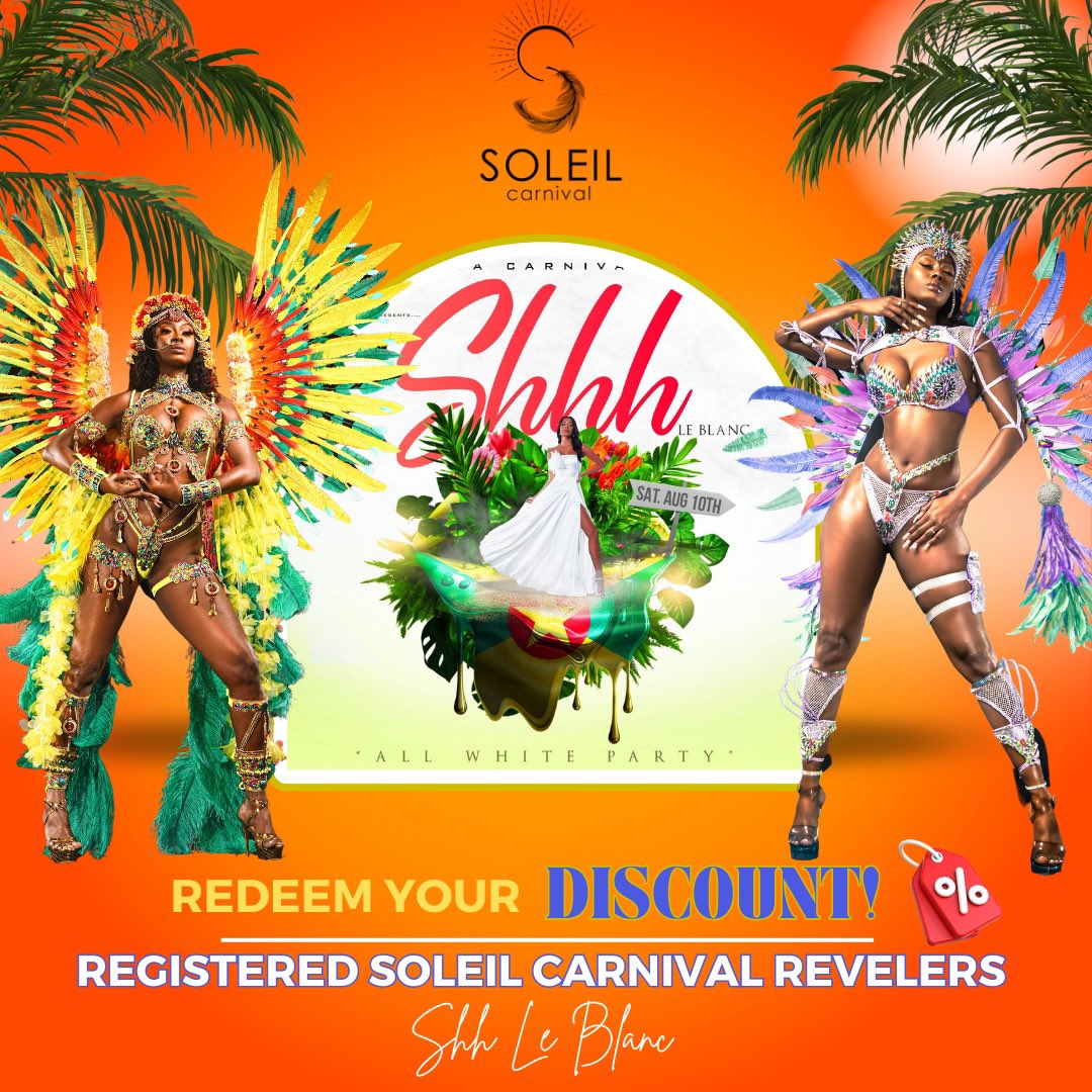 𝐑𝐞𝐝𝐞𝐞𝐦 𝐲𝐨𝐮𝐫 𝐝𝐢𝐬𝐜𝐨𝐮𝐧𝐭 𝐧𝐨𝐰! 🎟️🔔

Soleil Carnival Revelers, don’t miss out! 🎉Redeem your discount for tickets to Shhh Le Blanc, the ultimate Spicemas fete! 

Get yours now and join the celebration! 💃🏽🇬🇩

#Spicemas #ShhhLeBlanc #FeteVibes