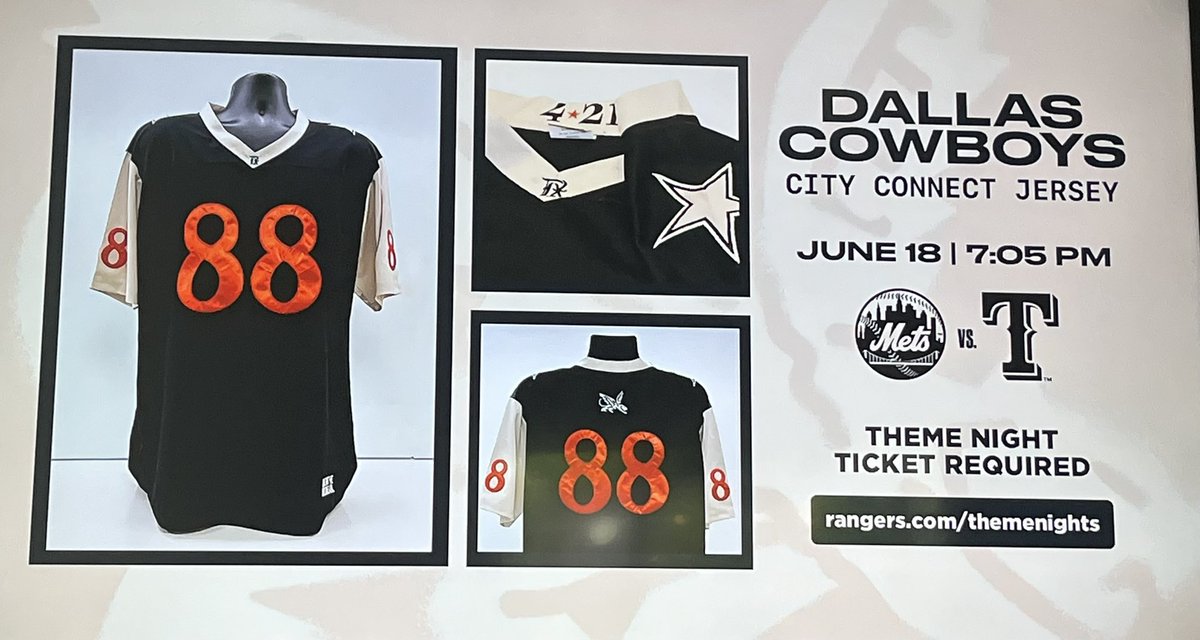 JAeiou's tweet photo. @NotJackKemp WTF is this nonsense? Rangers now acting like Mark Cuban. City connect Ranger Dallas Cowboys jerseys? And they’re advertising them. Lame. https://t.co/8Gil3lAc2R