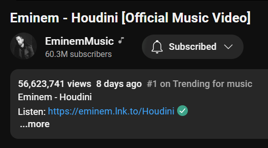 etlifestyle_web's tweet photo. Eminem HOUDINI Remains the No. 1 Trending MV in the World. 🔥🔥🔥 https://t.co/66enEKPz5R