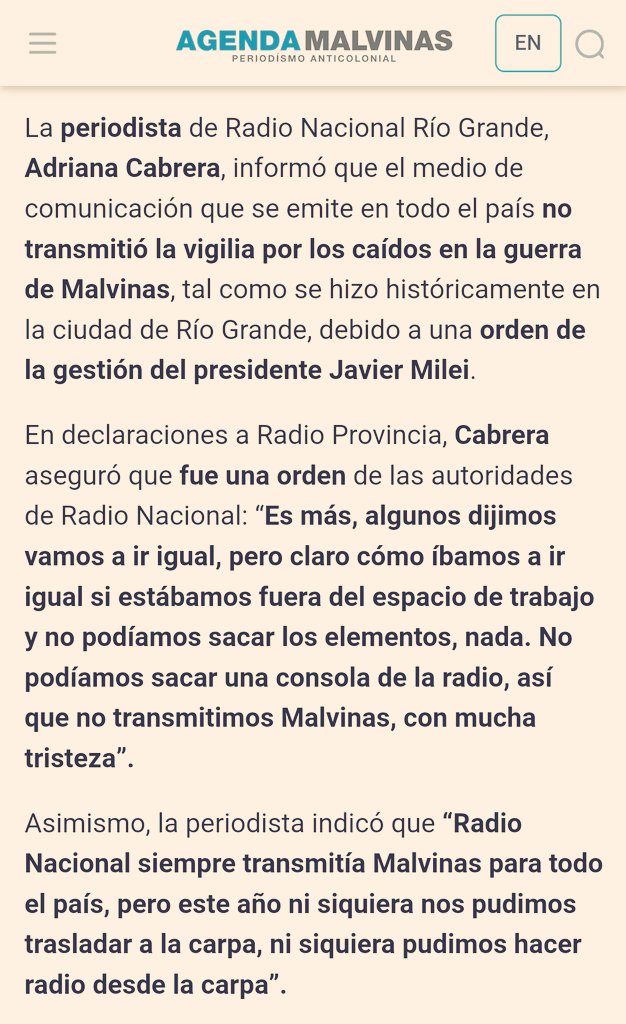 BiondiniCesar's tweet photo. ⚠️ Adriana Cabrera, periodista de Radio Nacional Río Grande, denunció públicamente que el pasado 2 de abril la señal fueguina no transmitió la tradicional Vigilia por Malvinas por orden del régimen de Milei, que lo prohibió. También reveló que hay un silenciamiento sobre los miembros de la emisora. Cipayismo anglófilo y censura.