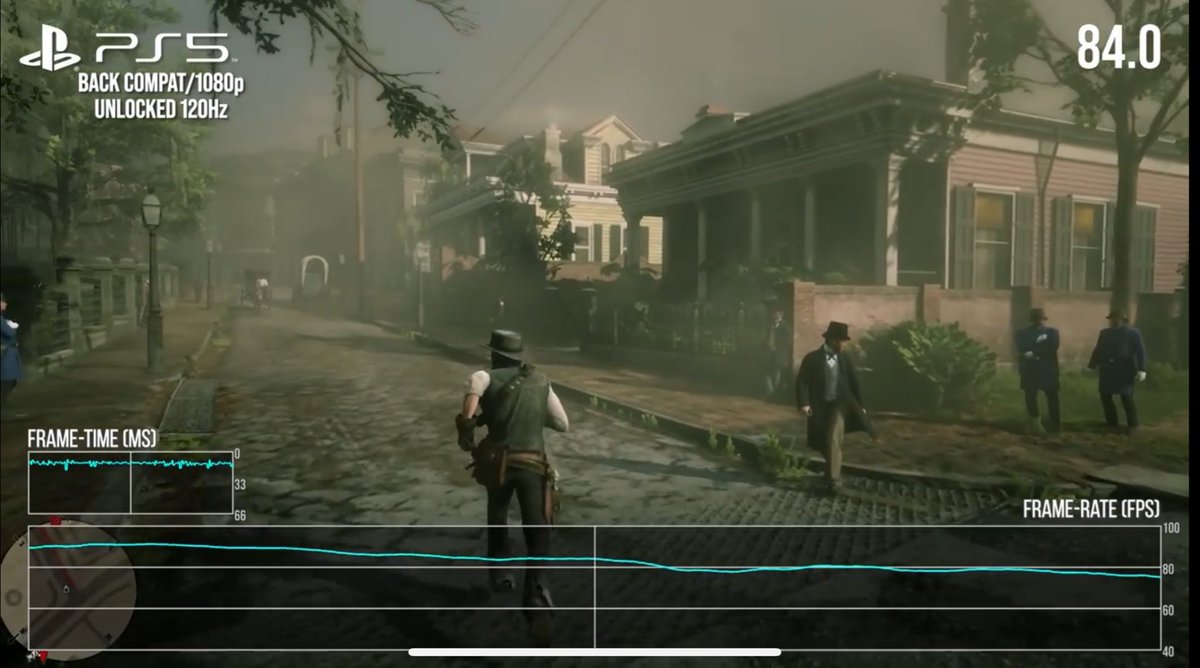 videotech's tweet photo. Digital Foundry tested RDR2 with a frame rate unlocked above 60fps on PS5 using a modded console, it can reach easily up to 70-80fps. 

This would be perfect for a VRR mode. Rockstar needs to get this out, it needs a big upgrade. https://t.co/BRO3xNmLnw