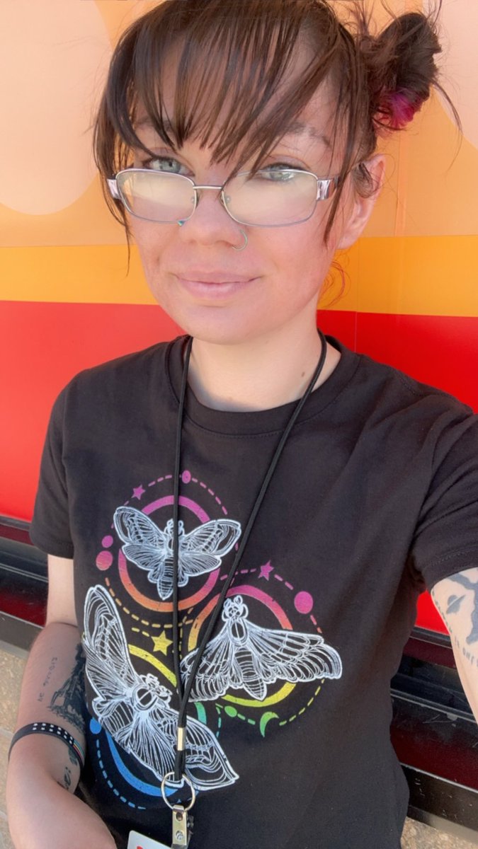 DarcieHexe's tweet photo. I know we hate corporate pride but I get to wear my pride shirts to work on weekends instead of my uniform for the month of June so I’m gonna take that win https://t.co/m56p8jBvSW