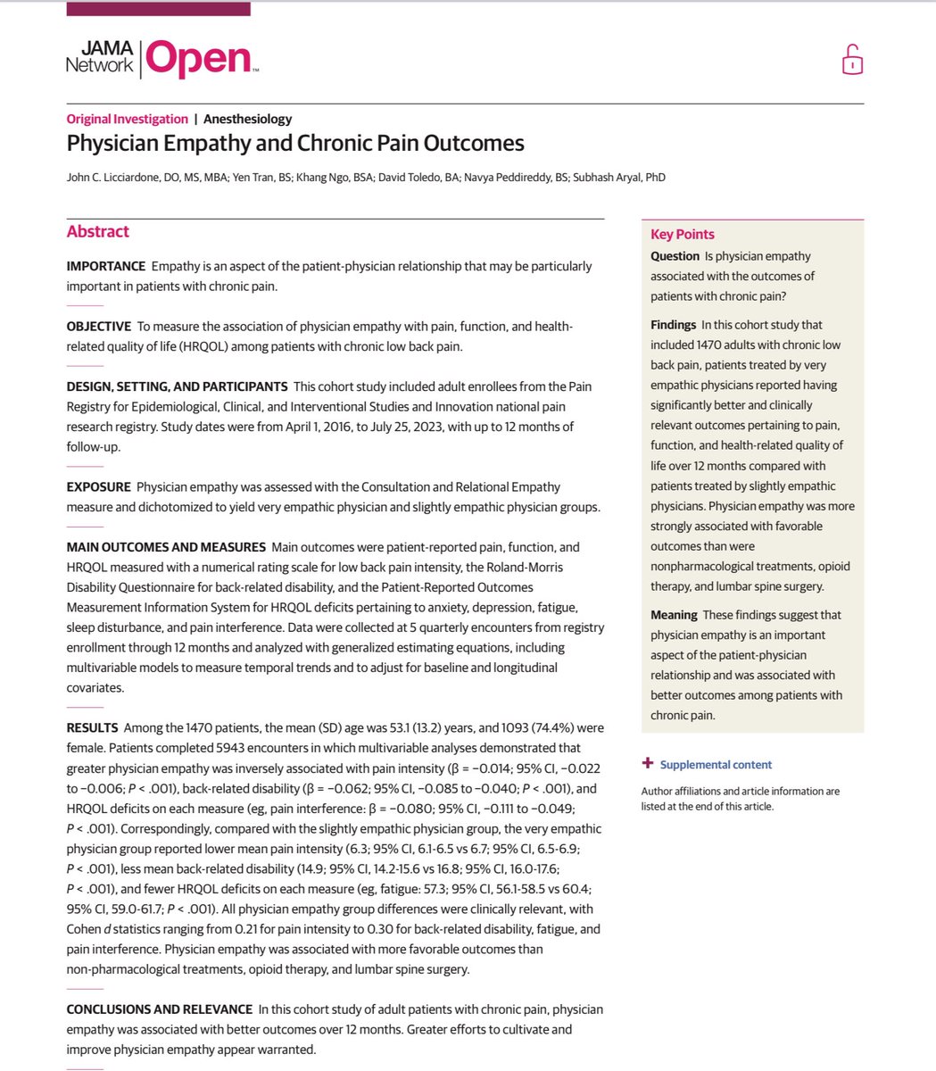 “Physician empathy was associated with more favorable outcomes than non-pharmacological treatments, opioid therapy, and lumbar spine surgery.”

jamanetwork.com/journals/jaman…
(Via <a href="/KDubNola/">KDub</a> )