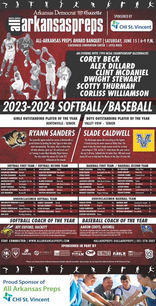 Representing Bentonville is Softball Player of the Year, Ryann and Valley View's Baseball Player of the Year is Slade! 
We also have big news, we're welcoming Corliss Williamson and Corey Beck to our already amazing speaker lineup for our June 15 banquet! bit.ly/3UTfetW