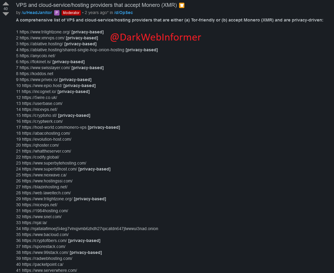 ⚠️OpSec⚠️This post is almost 3 years old, but still has a lot of relevance.  #DarkWeb #Cybersecurity #Security #Cyberattack #Cybercrime #Privacy  #Infosec This is a comprehensive list of VPS and cloud-service/hosting  providers that