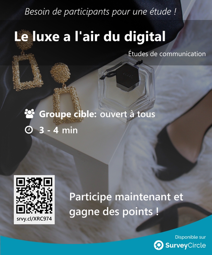 top_studies's tweet photo. Recherche de participants pour l'étude classée en tête :

"Le luxe a l'air du digital" https://t.co/XfjA4wQRji via @SurveyCircle

#luxe #digital #communication #marketing #supdecom #enquête #surveycircle https://t.co/no5Si6eyKg