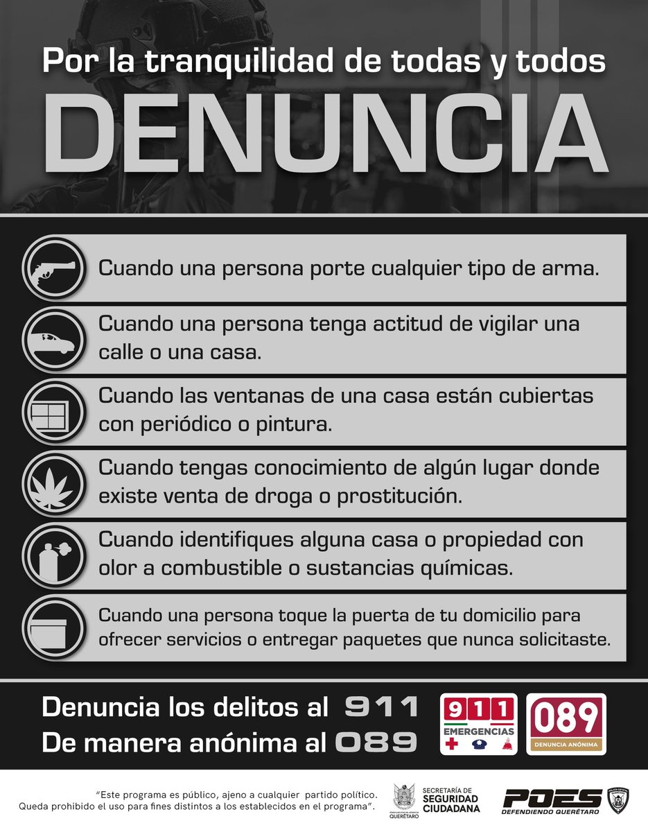 A través de la denuncia contribuyes a salvaguardar la seguridad de todas y todos. Si detectas alguna de estas acciones reporta al número de Emergencias 911 o 089 Denuncia Anónima.