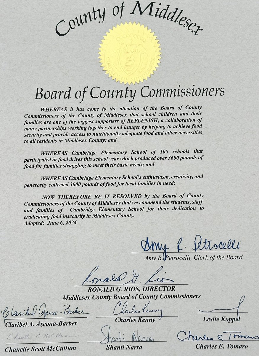 Members of the <a href="/SBSDCA/">Cambridge ES</a> Cougar Council attended the Middlesex County Board of Commissioners meeting on 6/6 as our school was recognized for coming in 2nd place out of 105 schools in The <a href="/we_REPLENISH/">REPLENISH</a> School Food Drive Competition with 3,600 pounds of food donated! #whenkidslead