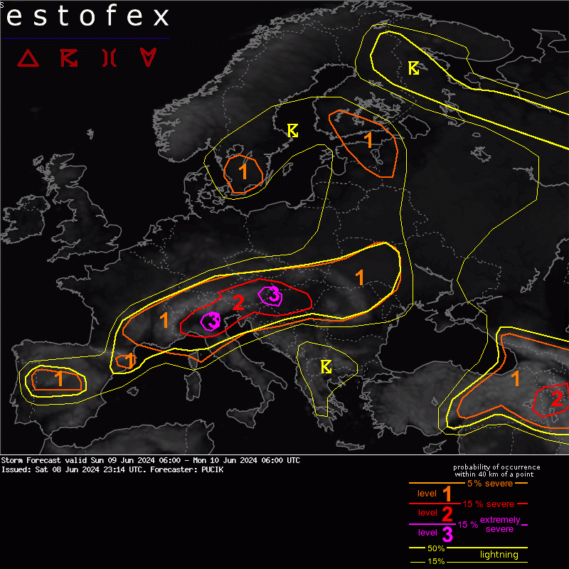 Severe weather outbreak likely on Sunday from N Italy through Austria into W Hungary.  The highest risk of destructive hail will be in N Italy, while the highest risk of damaging wind gusts and tornadoes in E Austria/extreme W Hungary. Read more at estofex.org