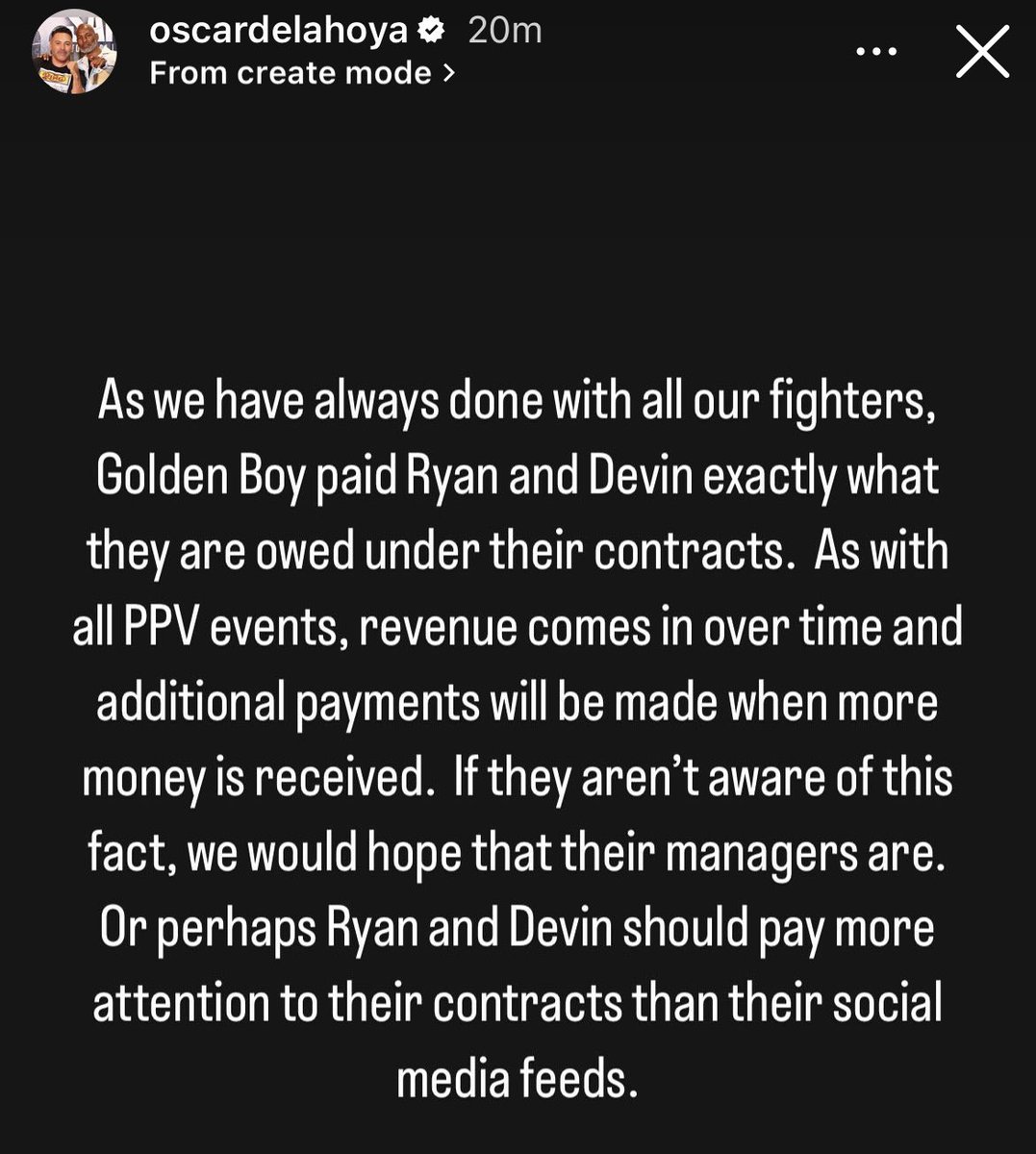ringmagazine's tweet image. Oscar De La Hoya firing back at Ryan Garcia and Devin Haney after they both tweeted that they haven’t been paid for their fight: “Perhaps Ryan and Devin should pay more attention to their contracts than their social media feeds.”