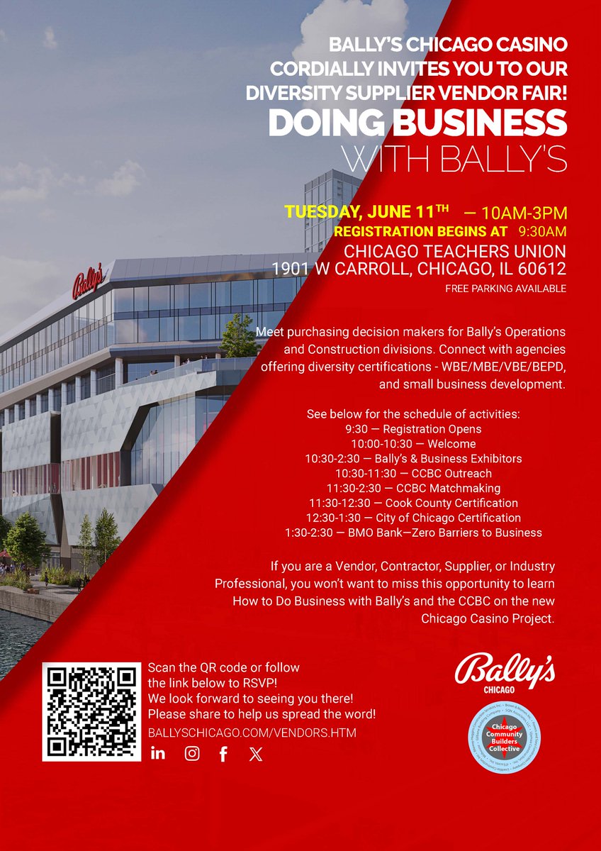 Bally’s Chicago Casino is excited to announce our Diversity Supplier Vendor Fair, Doing Business with Bally’s,

Mark your calendars for:

Bally’s Chicago Casino Diversity Vendor Fair
Tuesday, June 11, 2024
10AM-3PM
Chicago Teacher’s Union - 1901 W Carroll St., Chicago, IL