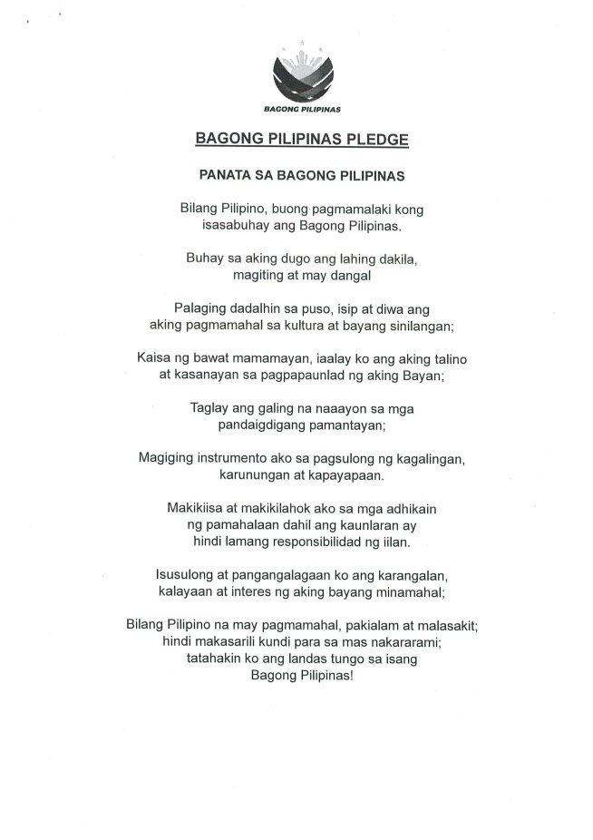 indiohistorian's tweet photo. Requiring this Bagong Pilipinas Pledge in Monday flag ceremonies??? It's not even poetic, no rhyme nor rhythm. Just a bad copy of Panatang Makabayan. It's cringey, sounds contrived. Basically all the characteristics of a propaganda which would have worked in the 70s. https://t.co/C0C3wg1Djq