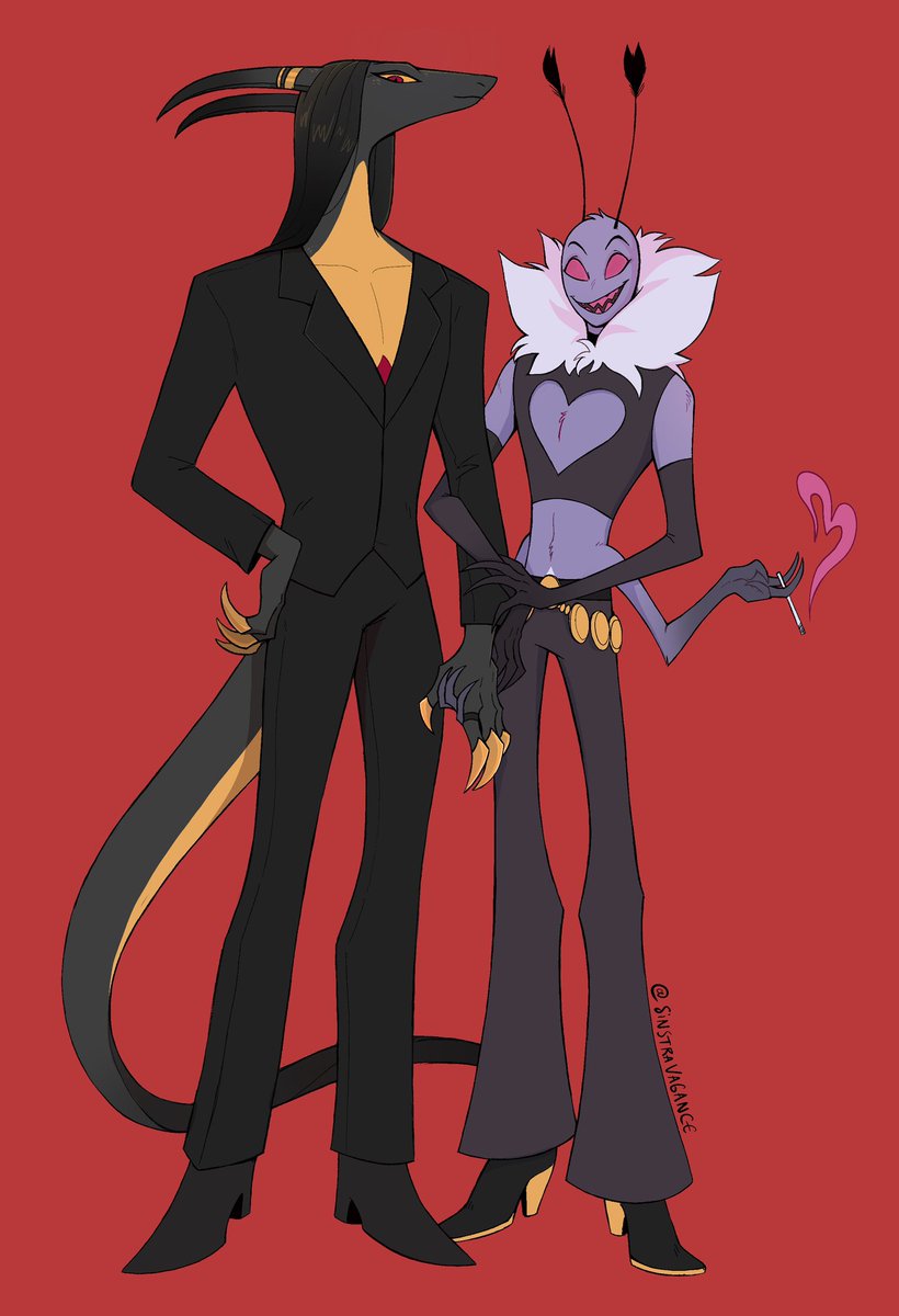 Sinstravagance's tweet photo. A bit of #caterpillarAU lore ! Introducing Lazarus, 🐛 Valentino former pimp and lover from me and @phalene_rouge take on Val’s past when he was a prostitute and before he was a moth 
We’re having a lot of fun drawing them and their story ! ☺️🐛🐉

#hazbinhoteloc #HazbinHotelVal https://t.co/oaa8RgqDs1