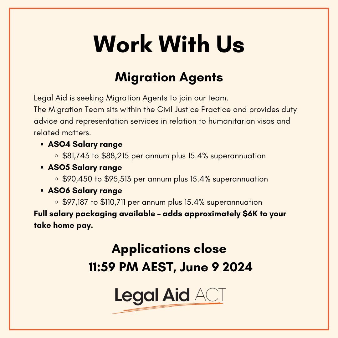 YLCACT's tweet image. Applications Close Today
Come work with @legalaidact
Legal Aid ACT is seeking migration agents.
Applications close tonight 11:59pm.
Apply now buff.ly/3WTF6XE