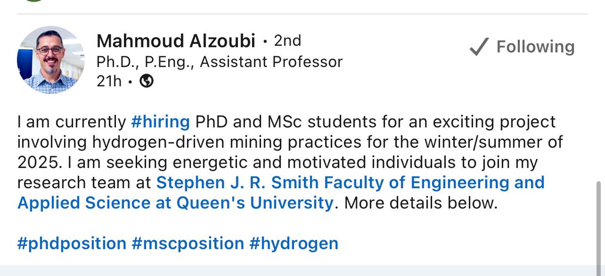 UmairxAhmad's tweet photo. PhD and MSc student positions in hydrogen-driven mining practices for the winter/summer of 2025 at Stephen J. R. Smith Faculty of Engineering and Applied Science at Queen's University. More details below.
#phdposition #mscposition #hydrogen https://t.co/geB5AEk0xj