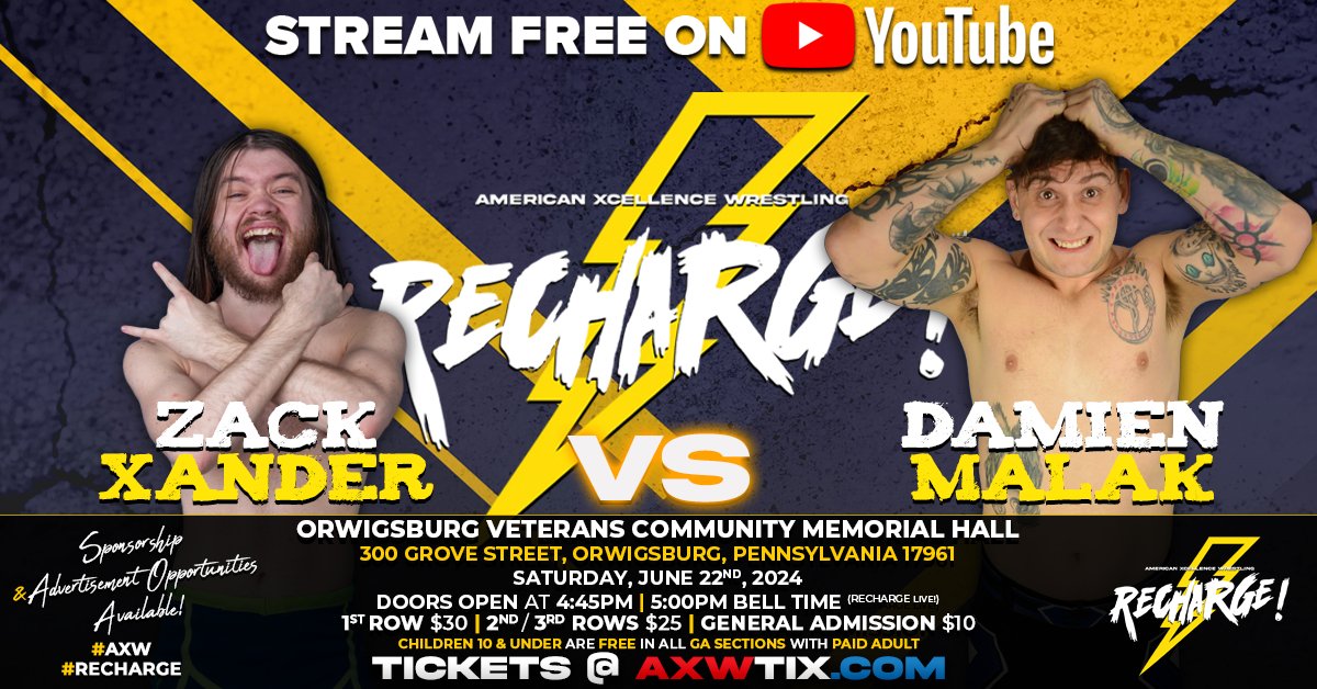American Xcellence Wrestling | AXW (@official_axw) on Twitter photo ⚡RECHARGE! LIVE 6/22⚡
Are you ready, <a href="/Official_AXW/">American Xcellence Wrestling | AXW</a> Nation?! We're now just TWO WEEKS away from our return to the #OrwigsburgVeteransCommunityMemorialHall - 300 Grove Street, #OrwigsburgPA 17961 - on Saturday, June 22nd!
Doors will open at 4:45PM ET!
#AXWRECHARGE!⚡ will ⚡RECHARGE! LIVE 6/22⚡
Are you ready, <a href="/Official_AXW/">American Xcellence Wrestling | AXW</a> Nation?! We're now just TWO WEEKS away from our return to the #OrwigsburgVeteransCommunityMemorialHall - 300 Grove Street, #OrwigsburgPA 17961 - on Saturday, June 22nd!
Doors will open at 4:45PM ET!
#AXWRECHARGE!⚡ will